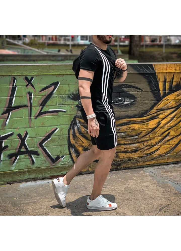 2021 casual suit European and American thin non hooded black summer spot shorts trend short sleeve men's sportswear