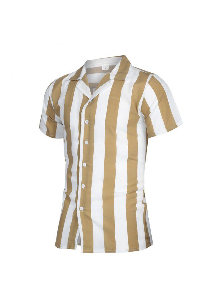 Hot men's shirt in summer 2019 men's short sleeve mercerized cotton stripe color matching Slim Fit Shirt Men's Short Sleeve Shirt