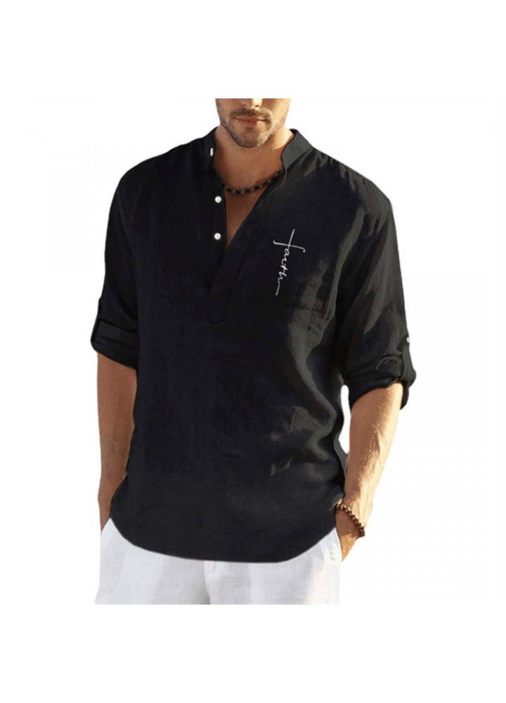 Cross border men's wear autumn 2021 new solid color cotton hemp loose long sleeve shirt fashion stand collar men's casual shirt