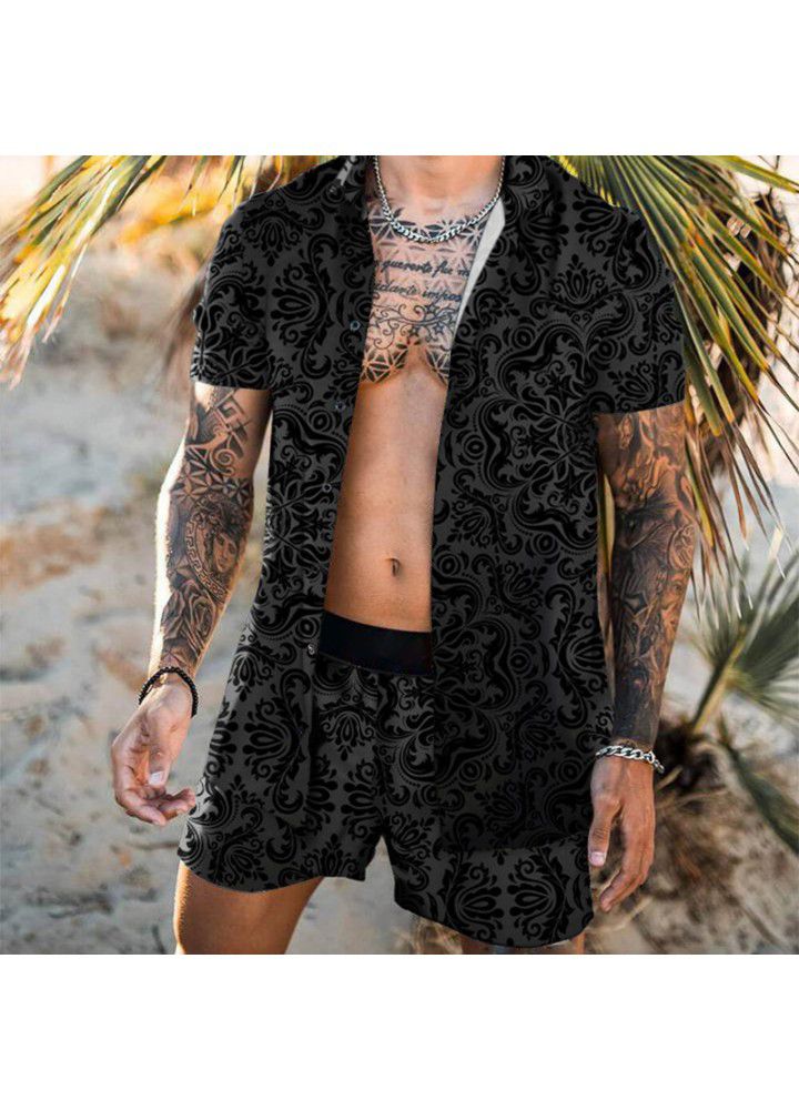 Summer 2021 Amazon cross border beach style loose shirt Hawaiian casual suit men's print two piece set