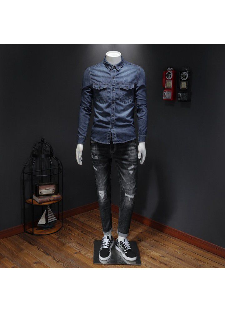 2020 / summer new Japanese retro denim shirt men's large simple long sleeve shirt v602 / p108