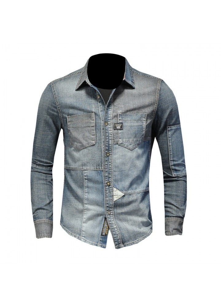 Cross border European style personalized splicing Lapel Denim Long Sleeve Shirt Men's high-end boutique denim shirt w61063