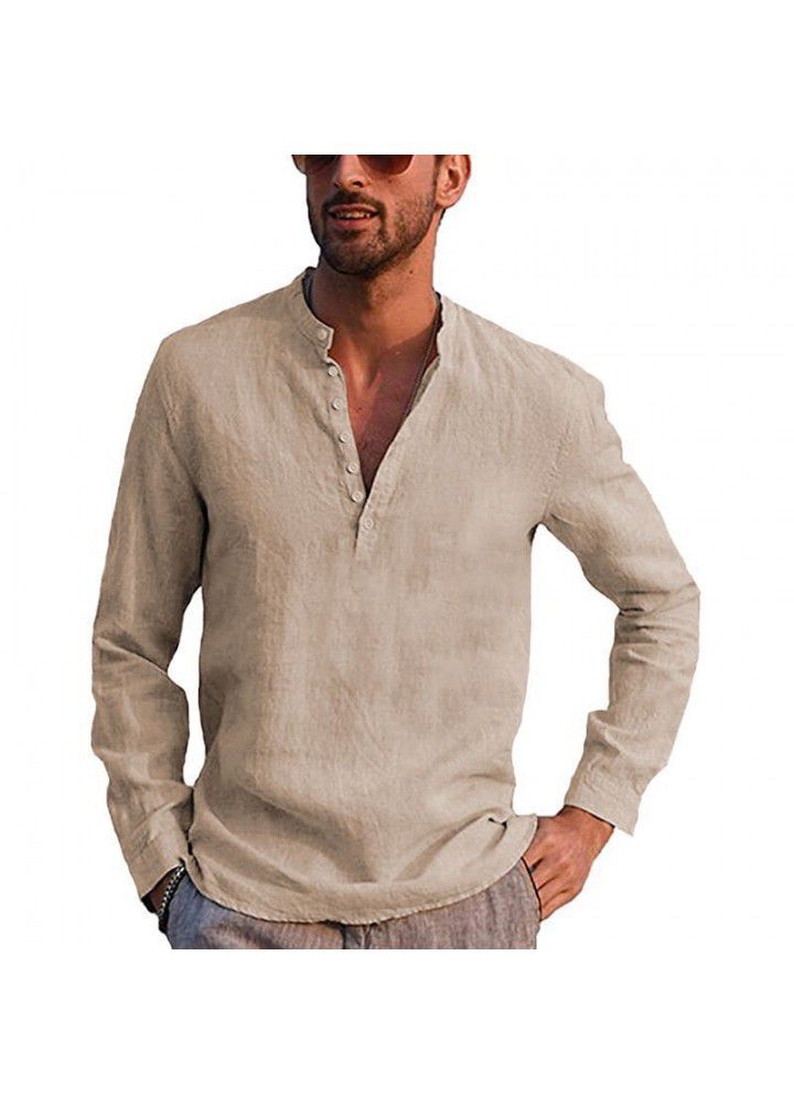 Spot 2021 new men's casual standing collar cotton and linen shirt cross border sales in Europe and America