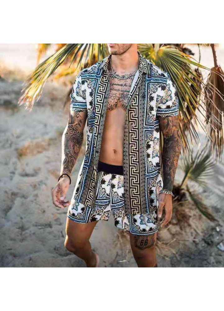 Summer 2021 Amazon cross border beach style loose shirt Hawaiian casual suit men's print two piece set