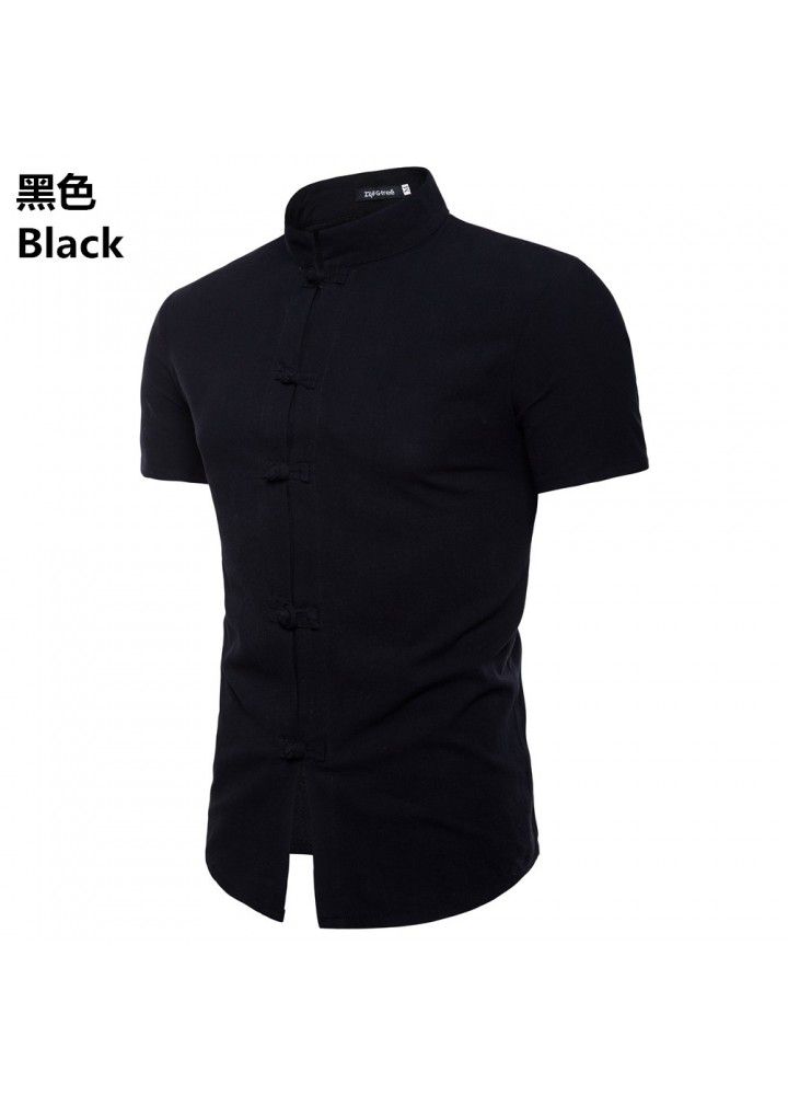 Cross border men's clothing 2018 summer new short sleeve Linen Shirt express casual solid collar cardigan shirt for men