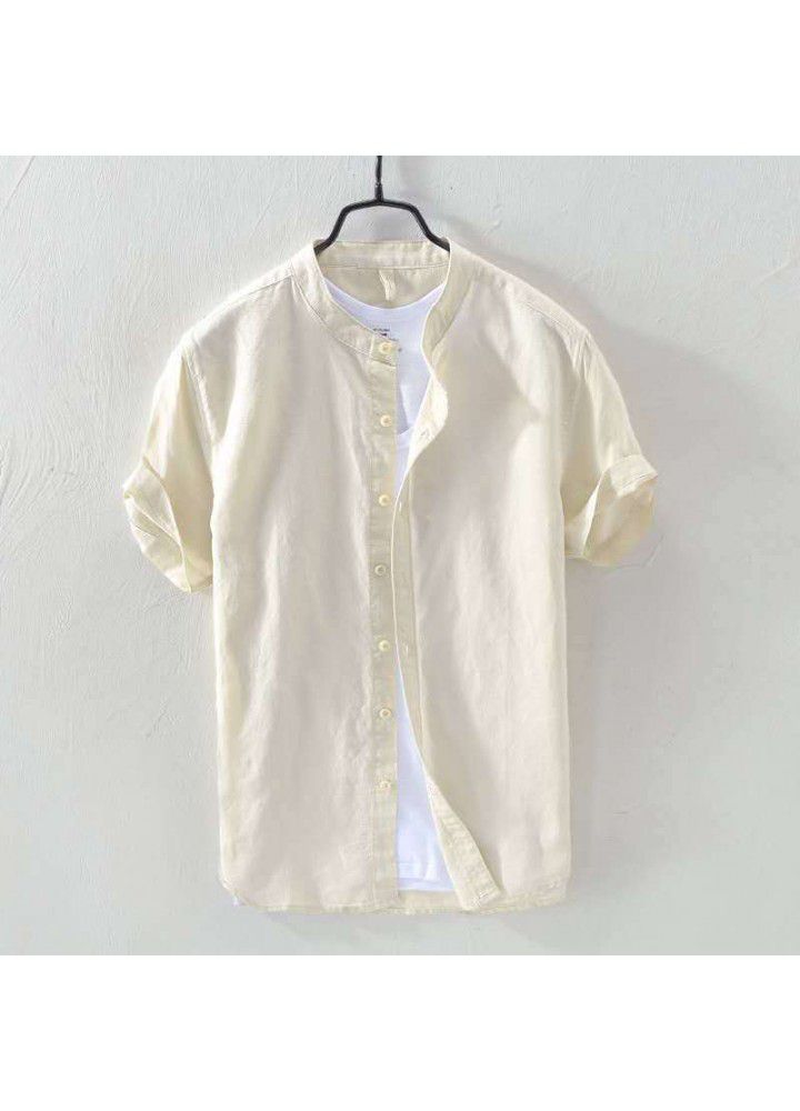 Spot 2021 new men's casual stand collar short sleeve cotton shirt popular in Europe and America