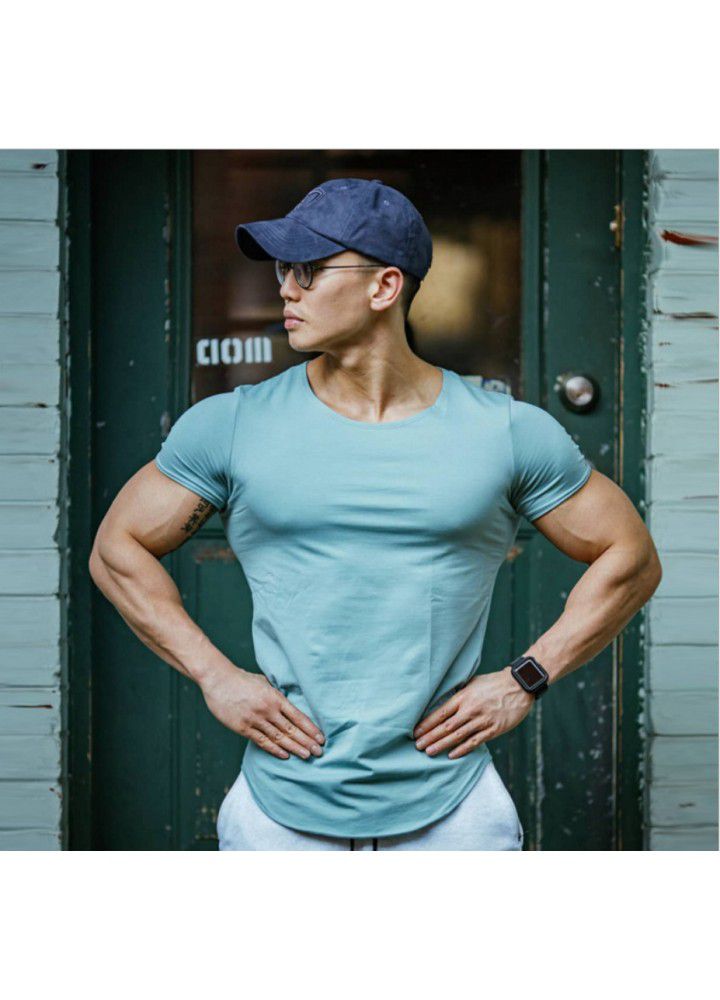 Sports T-shirt short sleeve men's loose fitting European and American T-shirt arc hem fitness trend running fast dry Breathable top