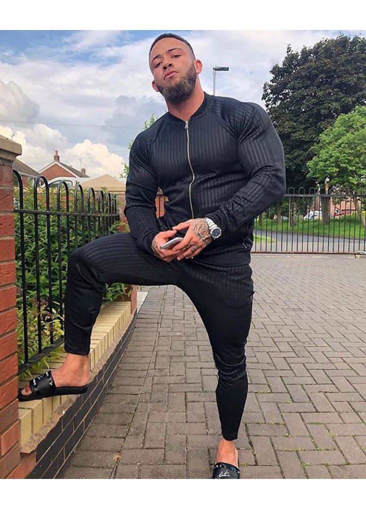 Foreign trade new fitness autumn and winter men's stripe sports suit casual sweater fitness stretch running pants