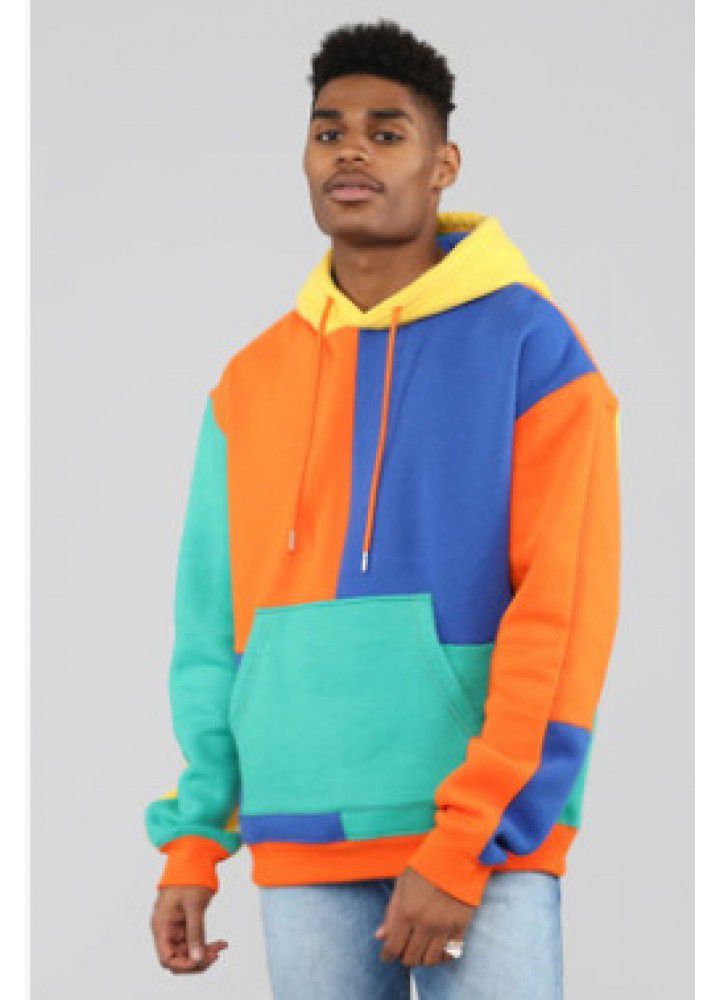 Europe and the United States cross border autumn and winter new multi color patchwork loose hooded sweater men's street trend hip hop jacket wholesale