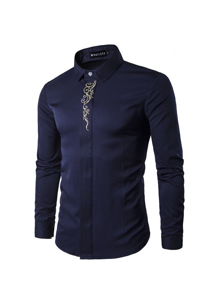 New foreign trade shirts sell quickly autumn European men's neckline embroidery bottoming slim long sleeve shirt