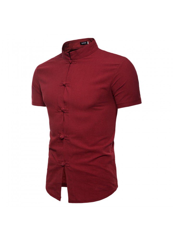 Cross border men's clothing 2018 summer new short sleeve Linen Shirt express casual solid collar cardigan shirt for men
