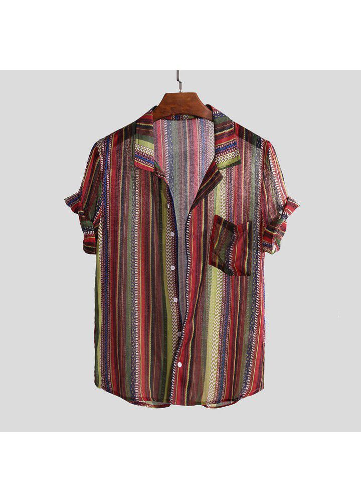 2019 summer men's Short Sleeve Shirt casual digital printing T-shirt pocket decoration short sleeve shirt
