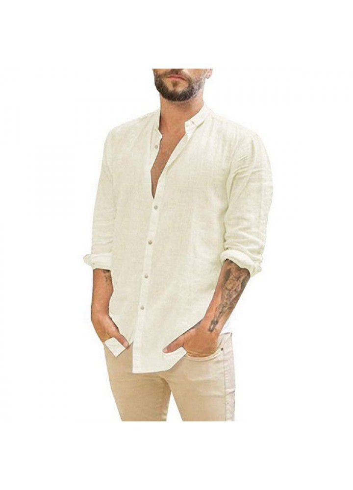 2021 Amazon wish express Europe and America men's new linen cardigan solid casual collar Long Sleeve Shirt