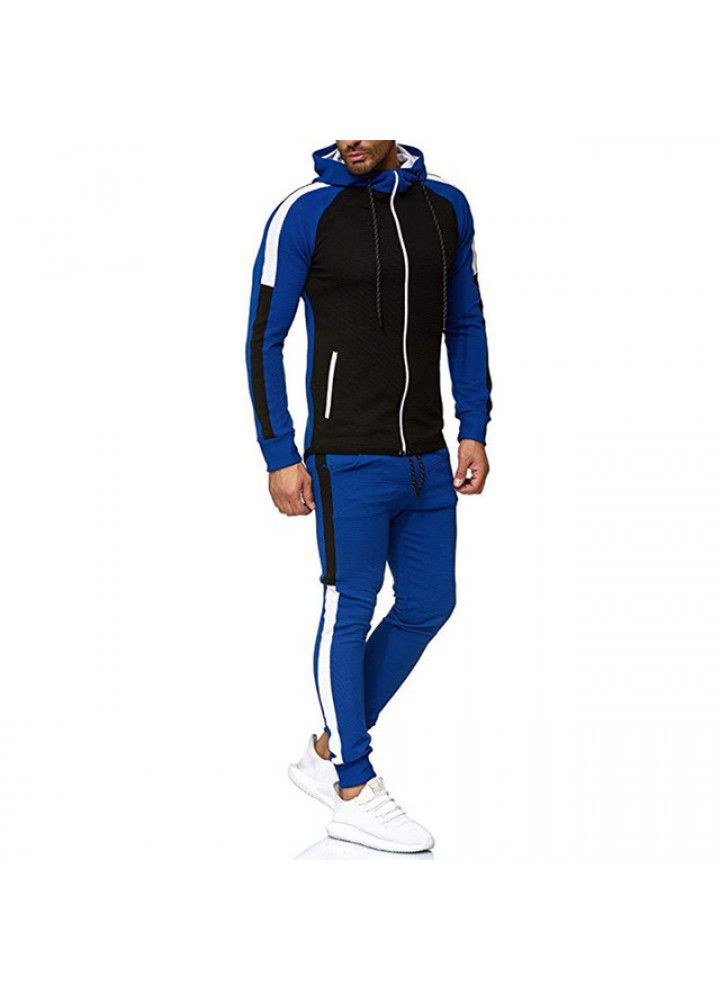 Wish spring and autumn new foreign trade wholesale fashion stripe color matching large men's Hooded Sweater sports suit