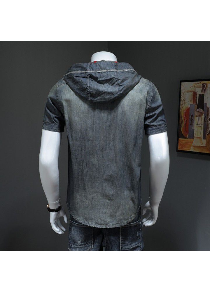 Summer new European and American hooded short sleeve shirt men's fashion boutique denim half sleeve shirt dx1028 / p115