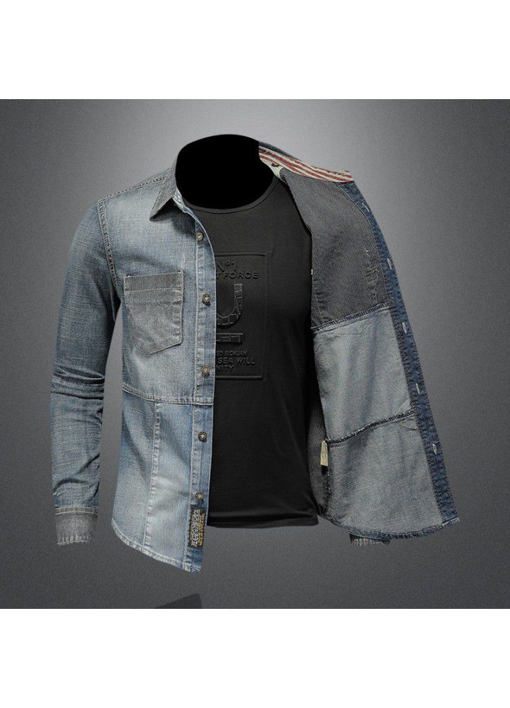 Cross border European style personalized splicing Lapel Denim Long Sleeve Shirt Men's high-end boutique denim shirt w61063