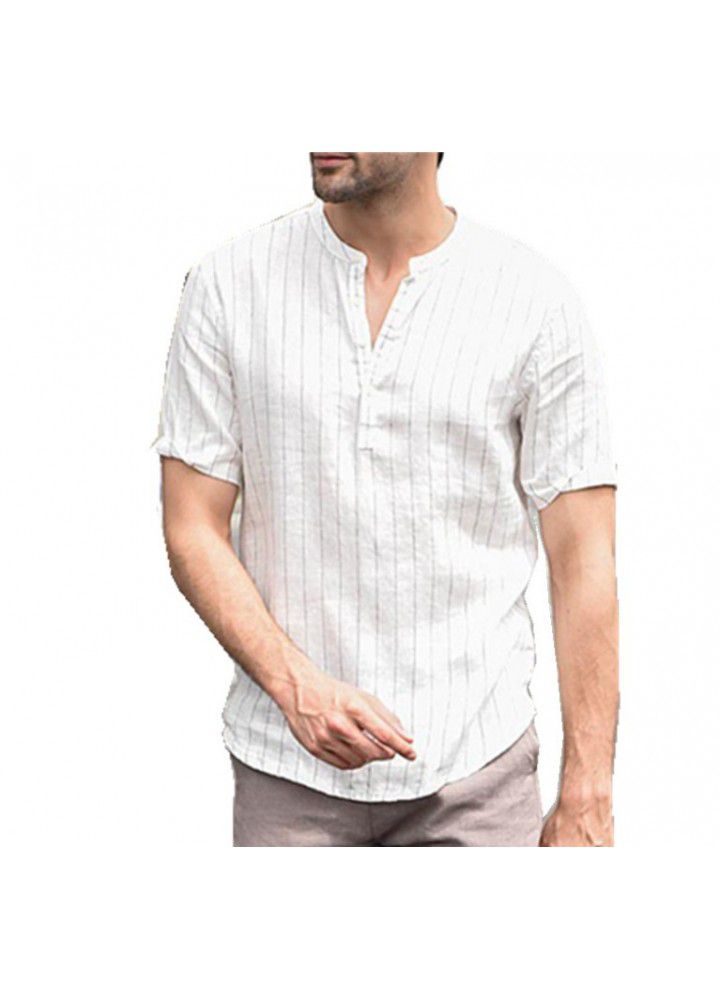 2020 fast sell hot summer new hemp cotton stripe short sleeve men's fashion casual stand collar pullover shirt