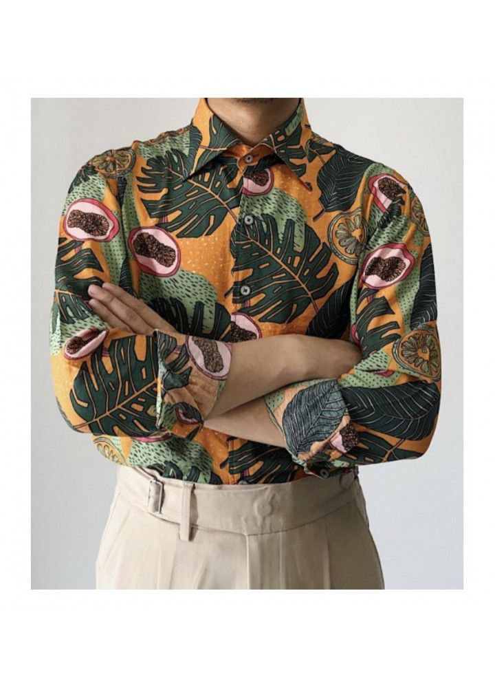 C2231 new wish spring autumn retro printed wide soft comfortable cotton youth Lapel men's casual shirt