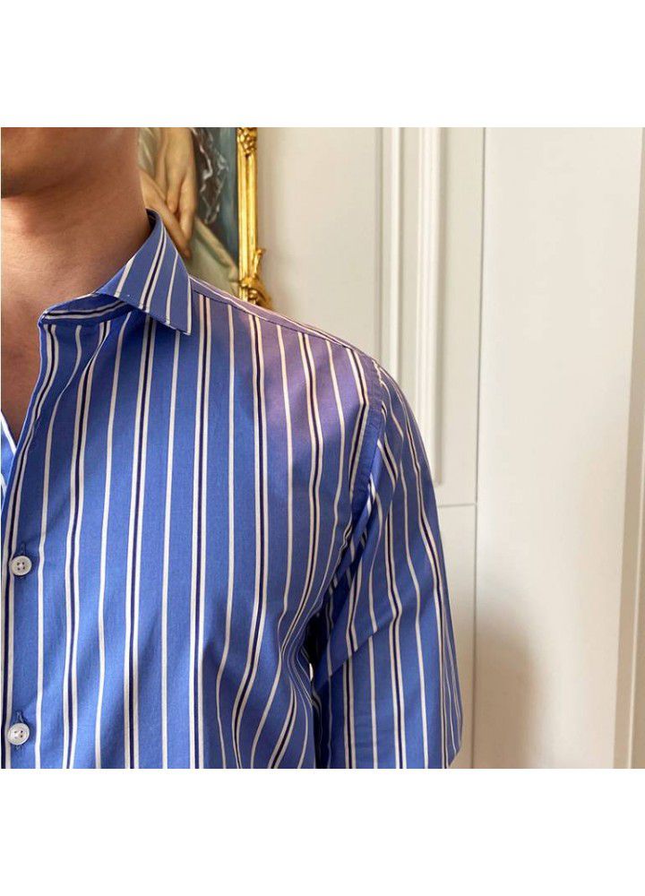 C2221 new men's autumn Lapel long sleeve light business youth retro slim stripe shirt wholesale