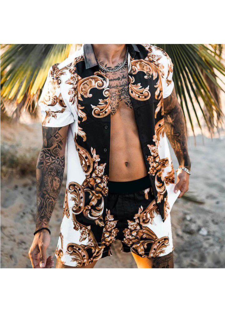 Summer 2021 Amazon cross border beach style loose shirt Hawaiian casual suit men's print two piece set