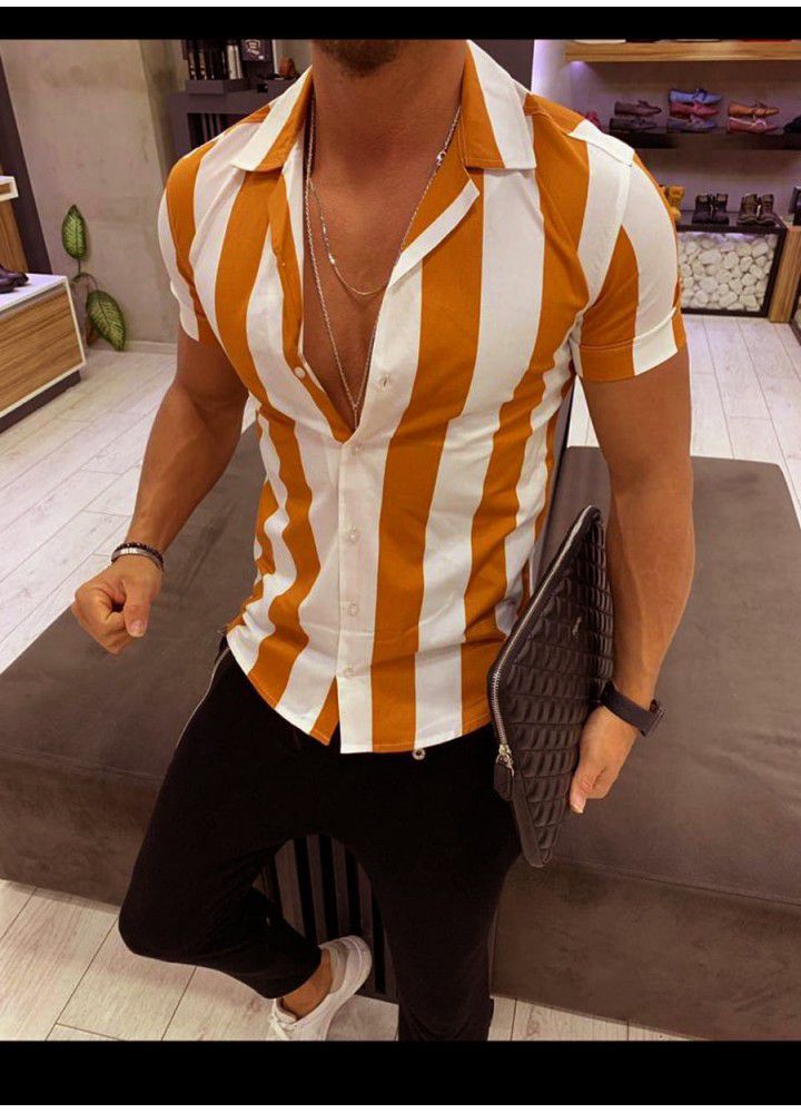 Hot men's shirt in summer 2019 men's short sleeve mercerized cotton stripe color matching Slim Fit Shirt Men's Short Sleeve Shirt