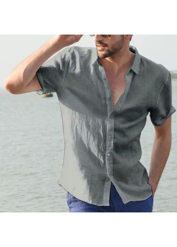 2021 cross border eBay express Europe and America Summer short sleeve casual cardigan foreign trade men's shirt men's solid color shirt
