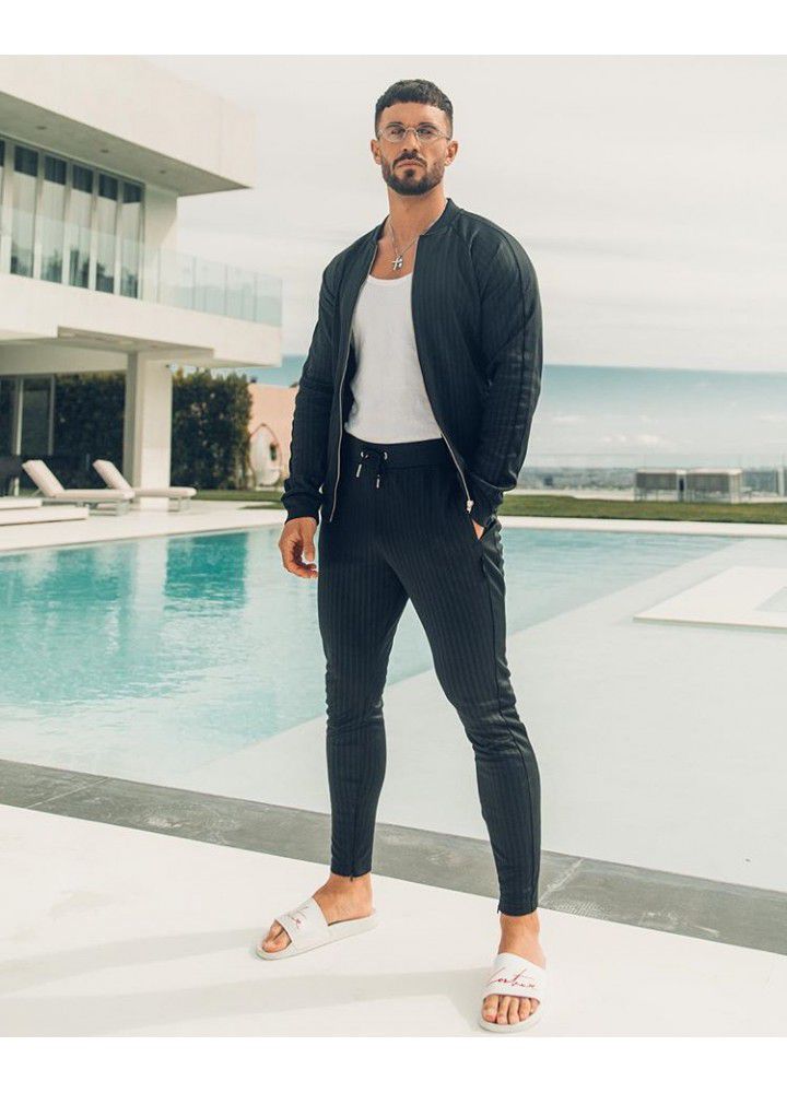 New muscle brothers fitness autumn and winter men's stripe sports suit casual sweater fitness stretch running