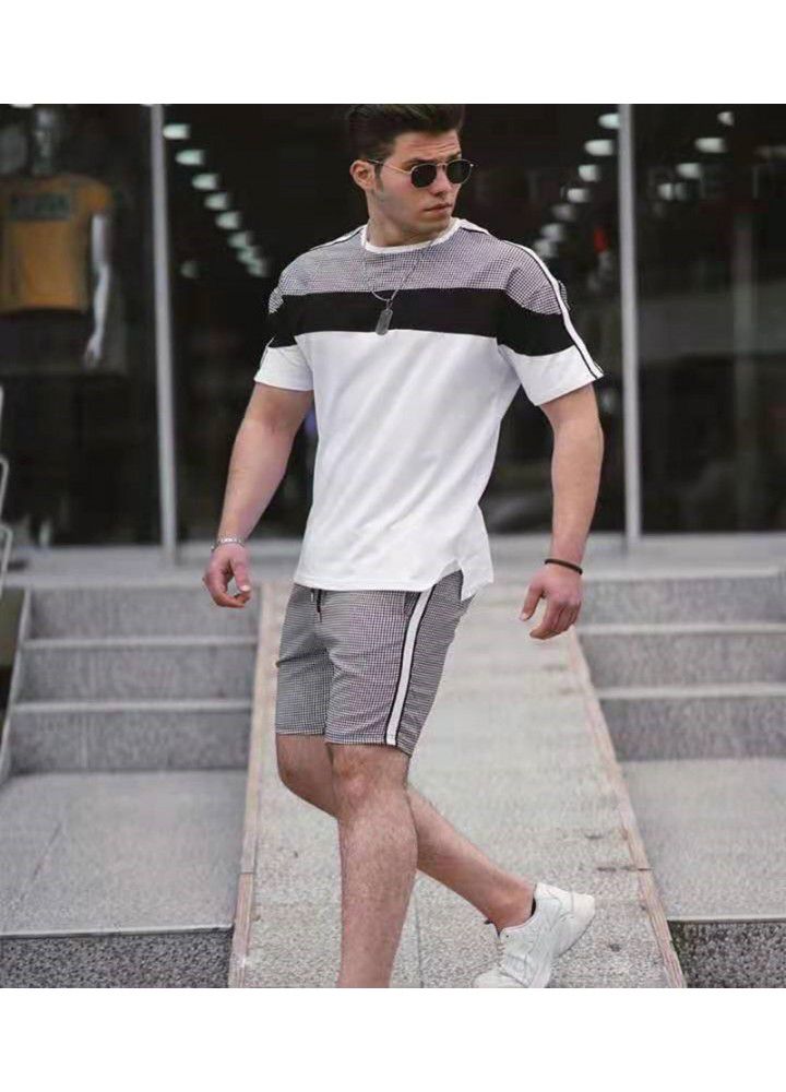 2021 new men's leisure trend splicing suit leisure sports two piece suit