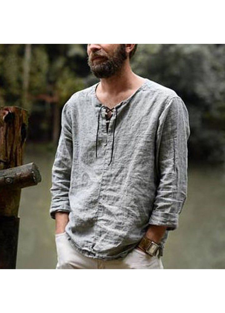 Spot 2021 new men's casual cotton and linen shirt, Europe and America cross border popular bandage long sleeve top