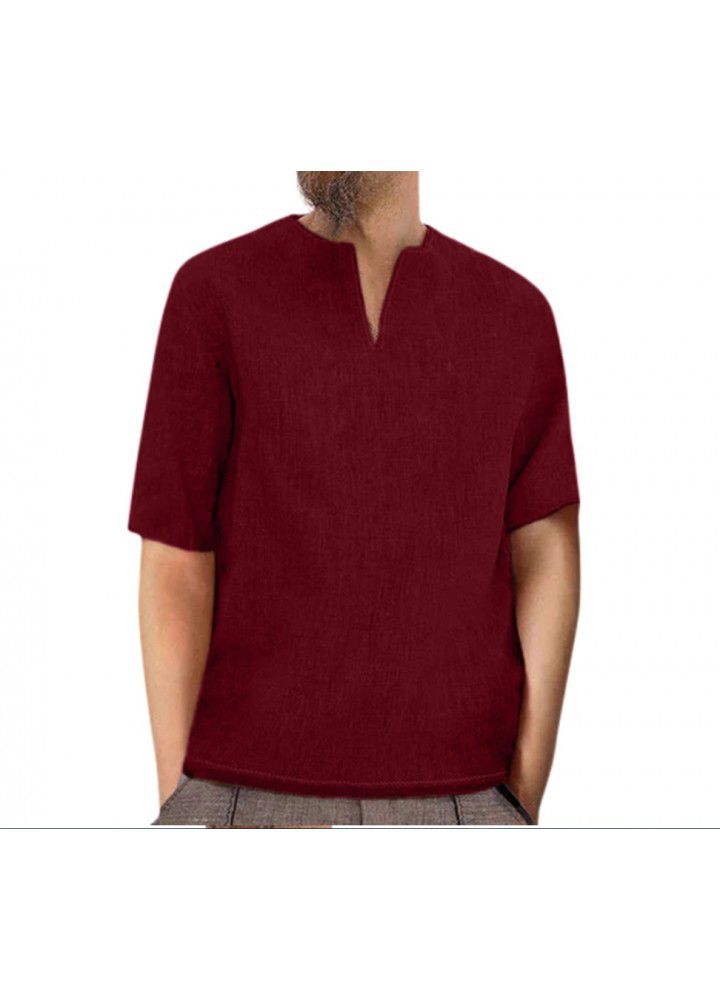 2021 Amazon new foreign trade European and American men's Cotton hemp national style linen solid color V-neck short sleeve top