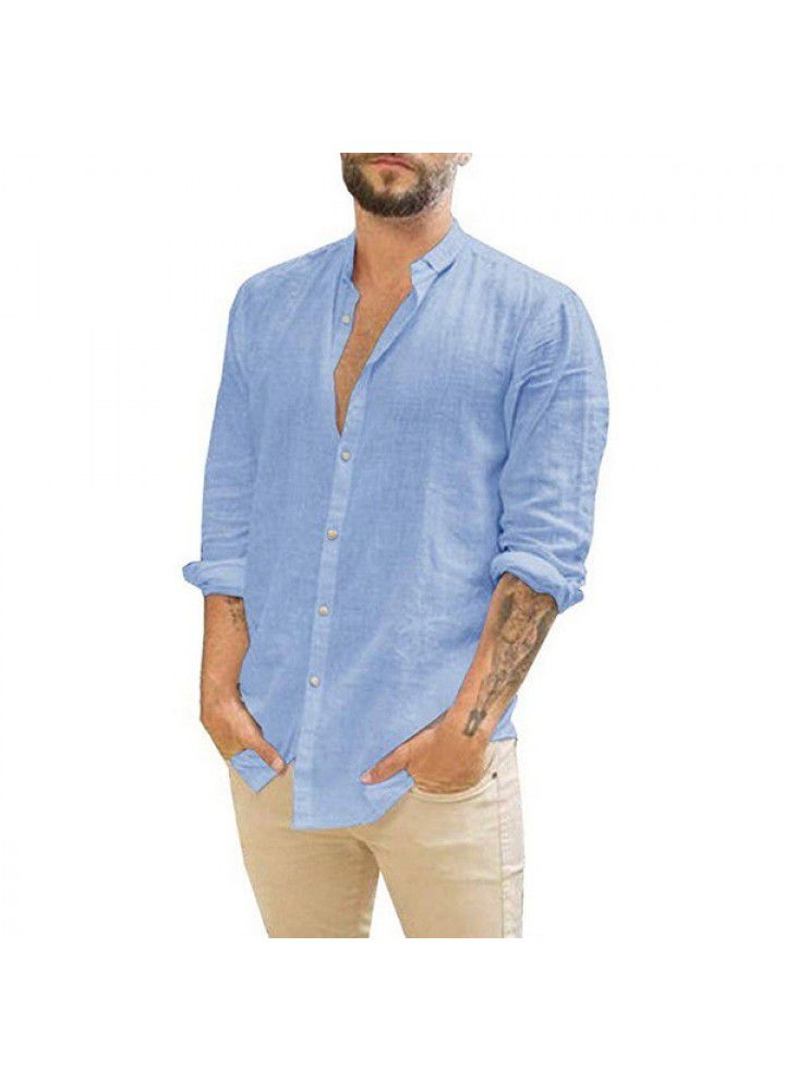 2021 Amazon wish express Europe and America men's new linen cardigan solid casual collar Long Sleeve Shirt