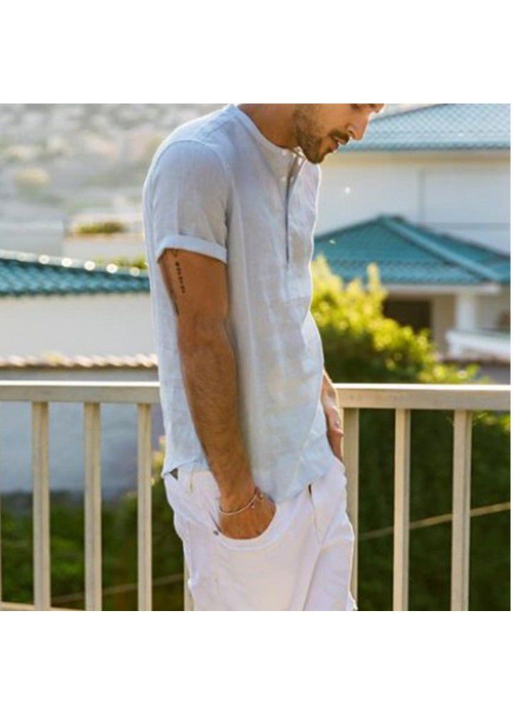 2020 new cross border men's stand collar cotton linen short sleeve shirt Amazon wish popular shirt