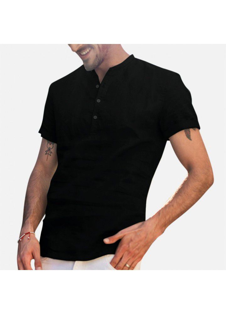 2020 new cross border men's stand collar cotton linen short sleeve shirt Amazon wish popular shirt