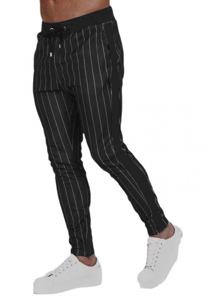 Foreign trade new fitness autumn and winter men's stripe sports suit casual sweater fitness stretch running pants