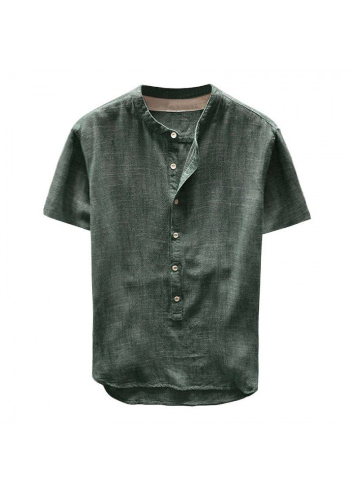 Spot 2019 new men's casual stand collar short sleeve cotton shirt top c107 in Europe and America