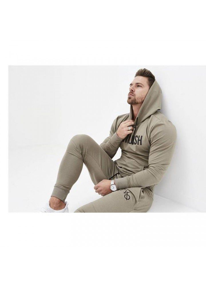 Cross border supply muscle brothers fitness men's sports suit autumn winter hooded Pullover Sweater casual leg pants