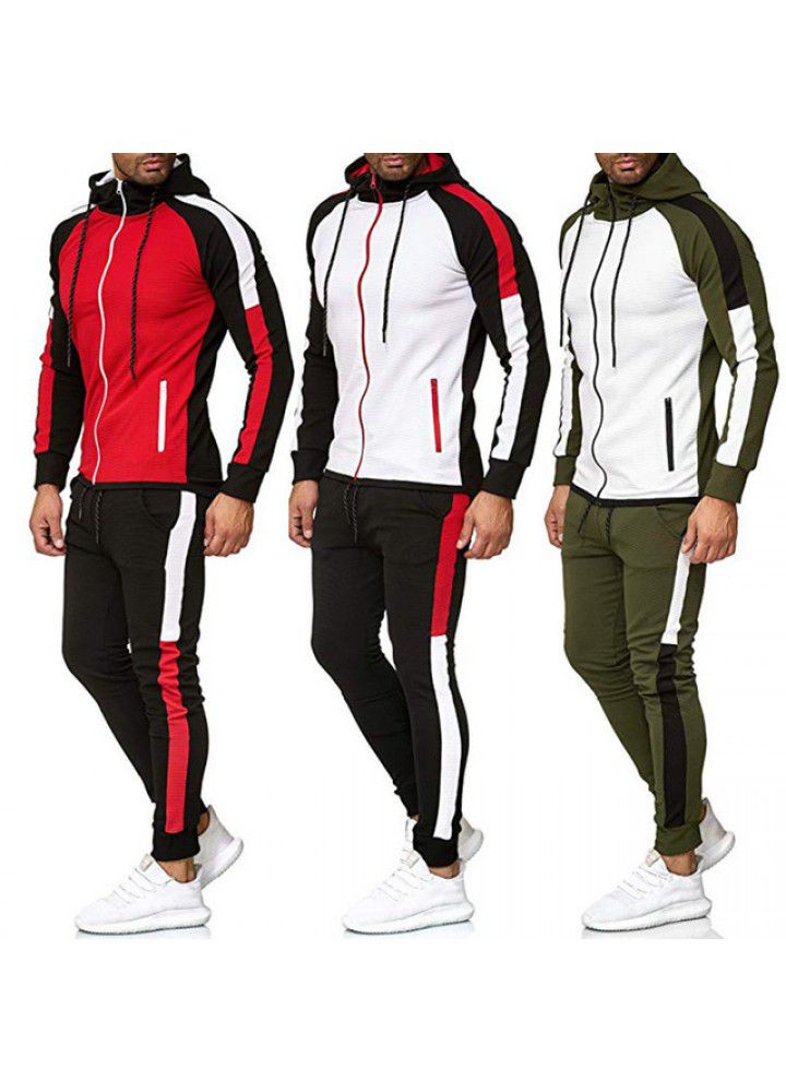 Wish spring and autumn new foreign trade wholesale fashion stripe color matching large men's Hooded Sweater sports suit