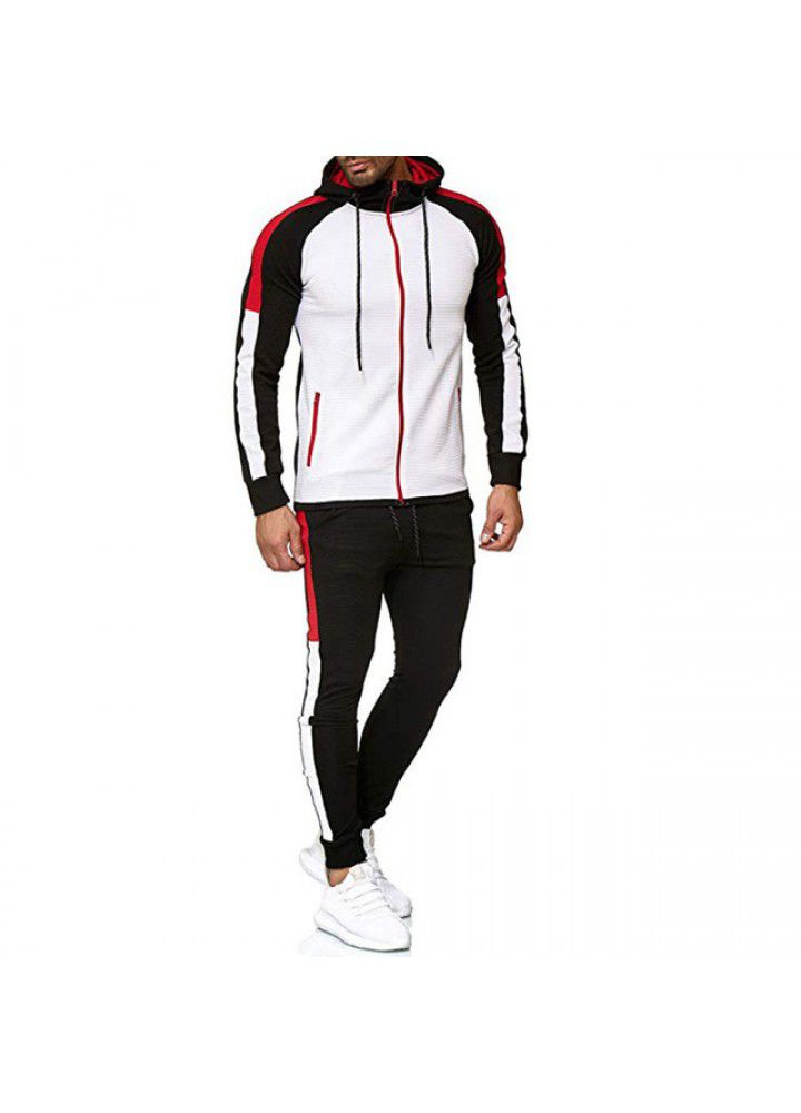 Wish spring and autumn new foreign trade wholesale fashion stripe color matching large men's Hooded Sweater sports suit