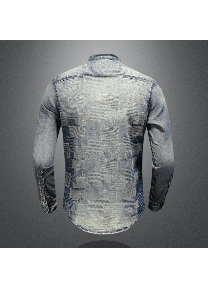 Cross border long term retro color personalized patch denim shirt art floral punk shirt men's w61081