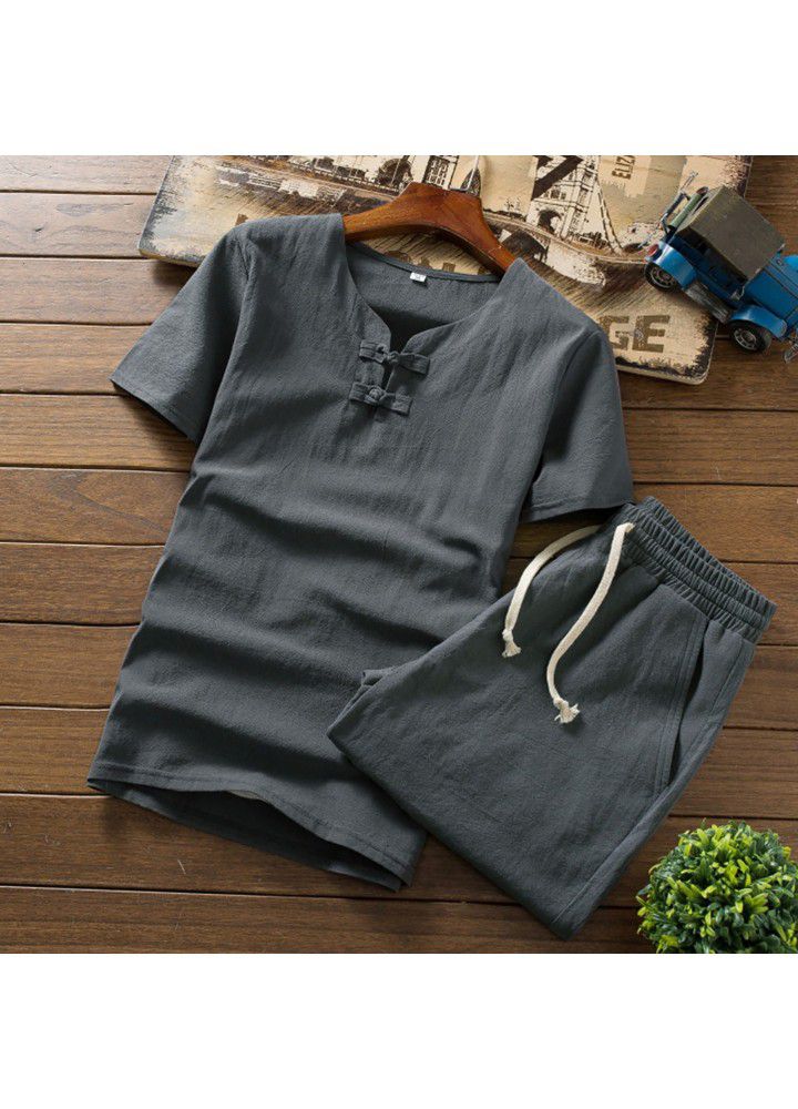 Spot 2021 new men's casual cotton and hemp two piece Shorts Shirt C110 top in Europe and America