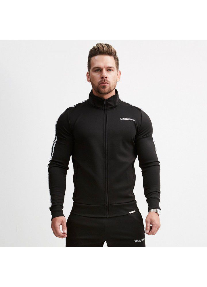 2018 new fitness muscle brother VQ sleeve lacing printing slim fitting sweater autumn and winter sports stand collar coat for men