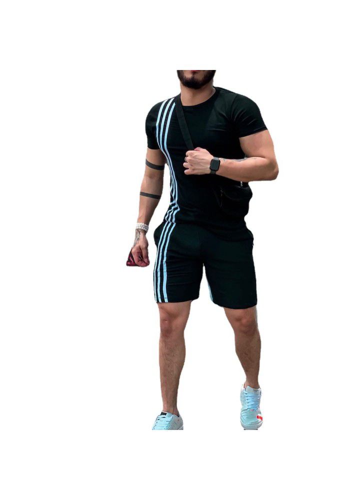 2021 casual suit European and American thin non hooded black summer spot shorts trend short sleeve men's sportswear