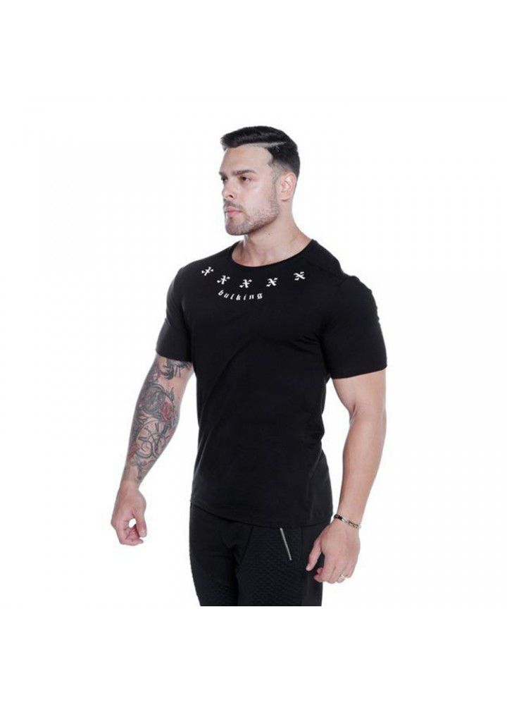 Euro American style Muscle Men's fitness new summer men's fashion brand short sleeve running training breathable sports T-shirt letter