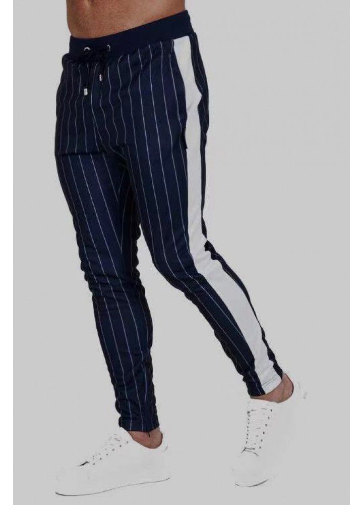 Foreign trade new fitness autumn and winter men's stripe sports suit casual sweater fitness stretch running pants