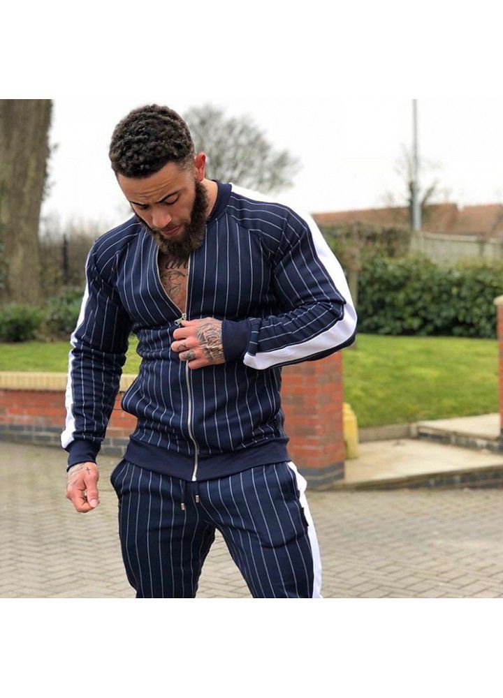 New muscle brothers fitness autumn and winter men's sports stripe cardigan cotton sweater elastic fitness running zipper shirt