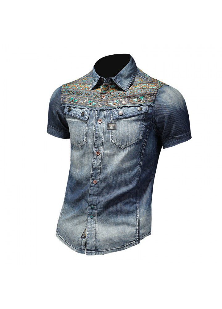 New Retro National Summer Fashion Embroidered Denim Shirt trendy men's slim wash denim shirt 15150