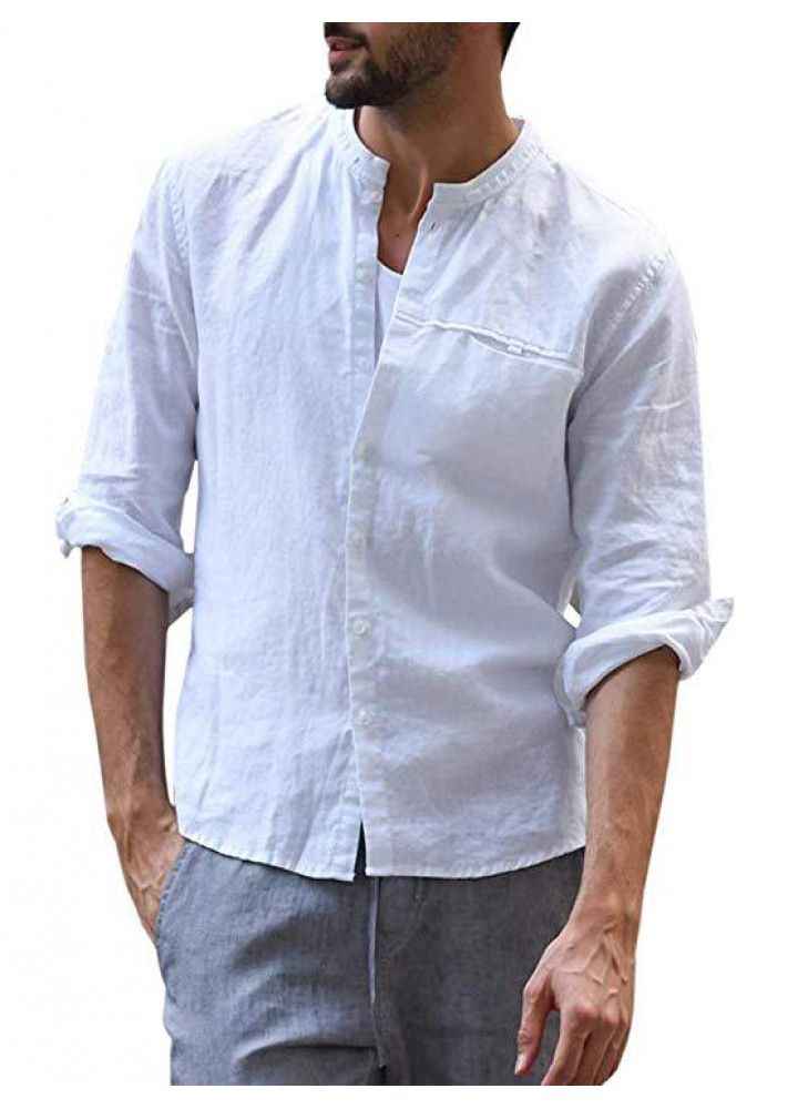 New foreign trade men's casual cotton and linen long sleeve shirt small stand collar casual open button shirt in autumn and winter of 2019