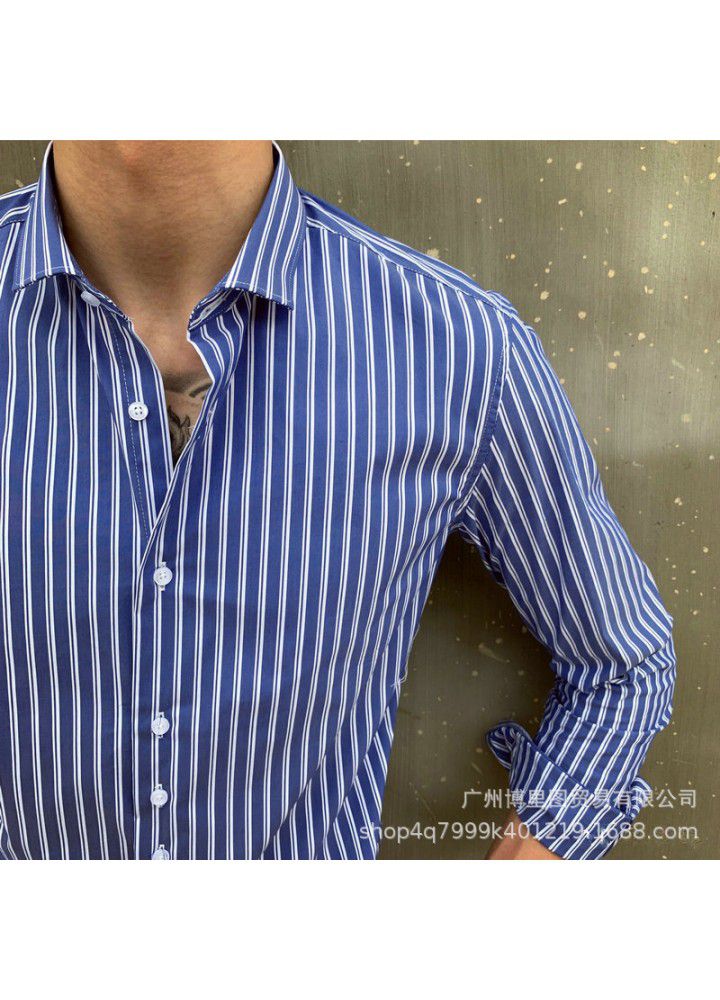 C2213 new European and American men's autumn long sleeve light business Lapel stripe slim retro youth shirt customization