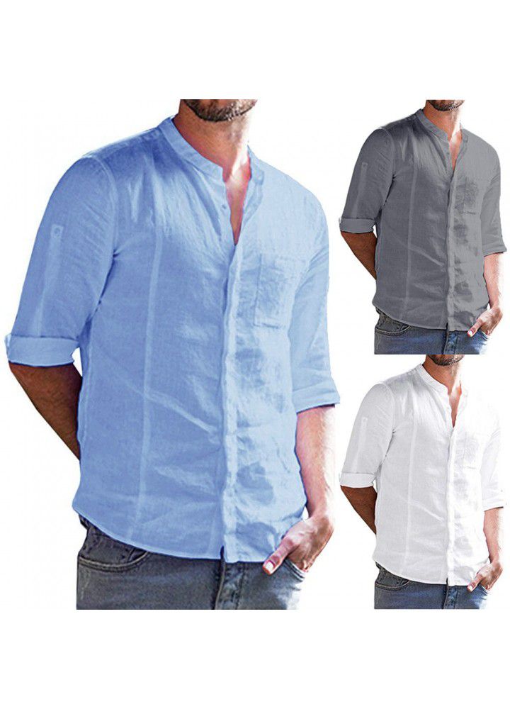 Amazon express new men's 3D Pullover V-neck casual shirt cotton linen top
