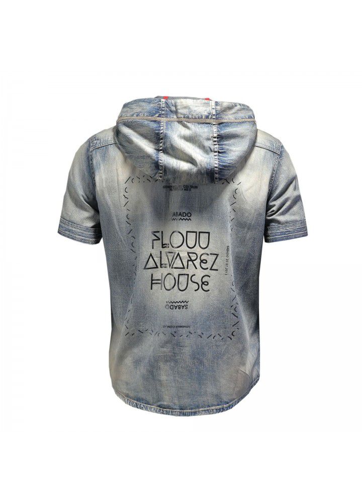 European style summer trend men's short sleeve hooded jeans casual shirt retro slim handsome casual 15145
